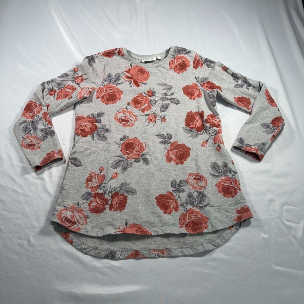 D&Co Active Womens Floral Rose Sweatshirt XS Gray High Low Hem Casual Pullover